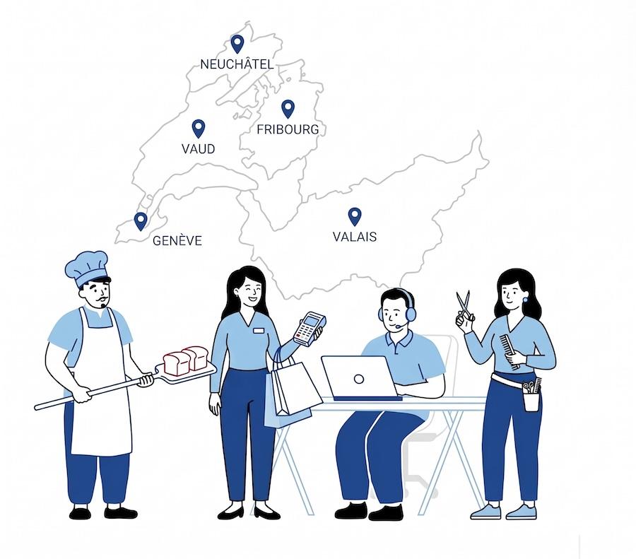 Artisans et commerçants de Suisse romande devant une carte de Genève, Vaud, Fribourg, Neuchâtel et Valais