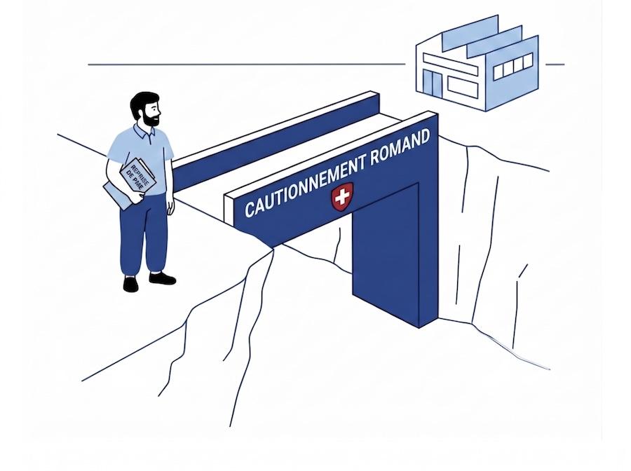 Un repreneur de PME devant un pont marqué Cautionnement romand, symbole du financement d'une reprise